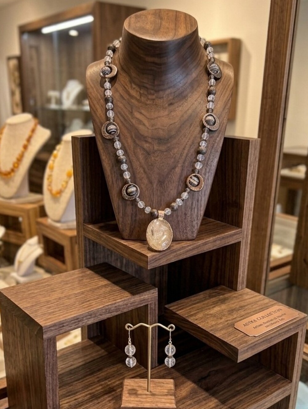 Clear Rutilated Quartz Beaded Pendant Necklace With Larvakite